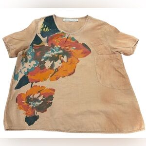 90s LINEN FLORAL OVERSIZED SCOOP NECK TOP W SHORT SLEEVE BOLD TROPICAL PRINT XL